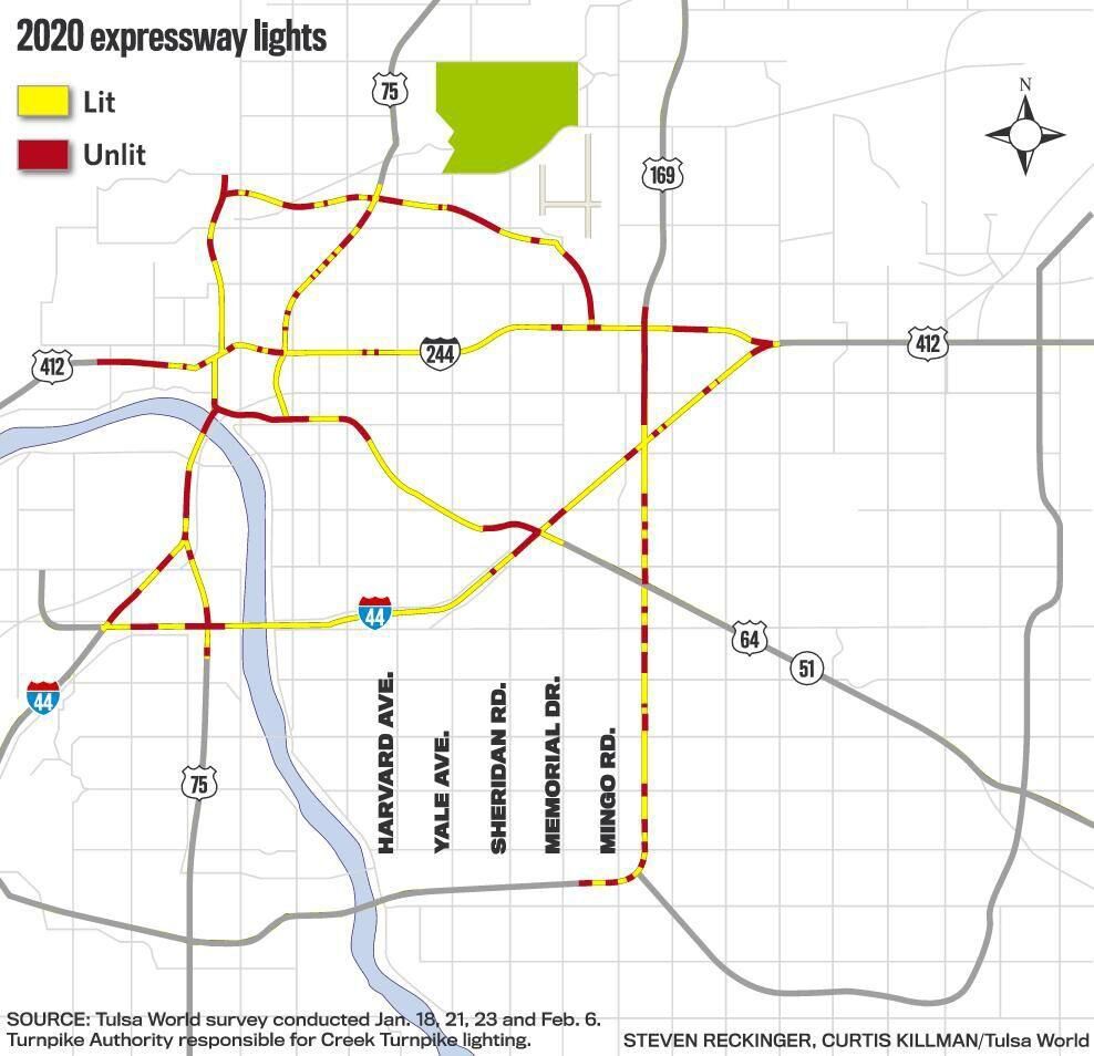 Tulsa makes big dent in expressway light outages. See which areas are still unlit